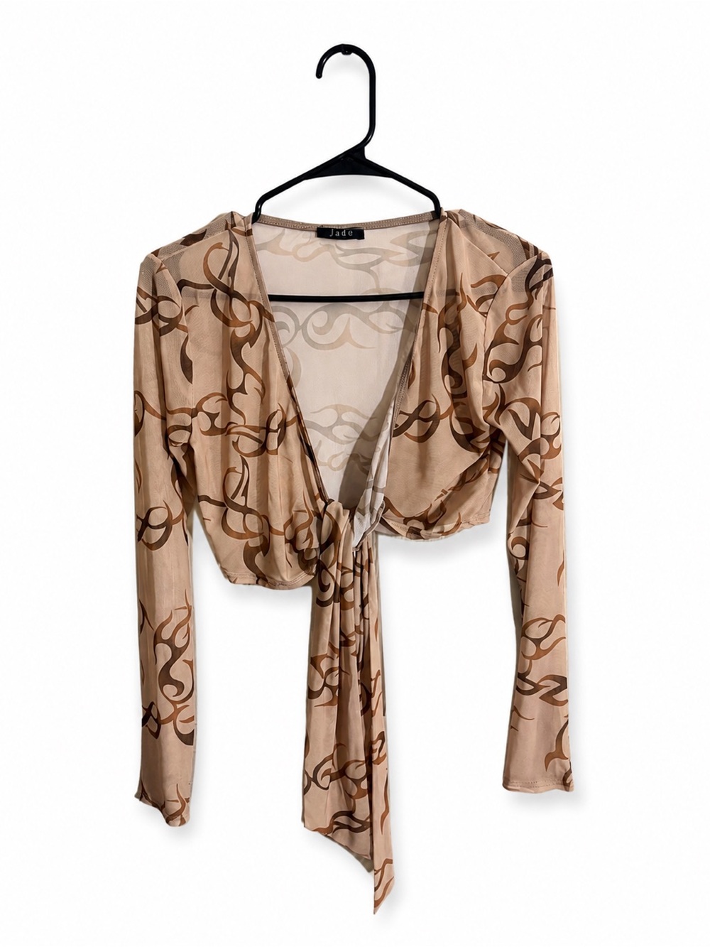 Y2K Jade Beige Brown Patterned Tie-Front Sheer Crop Top